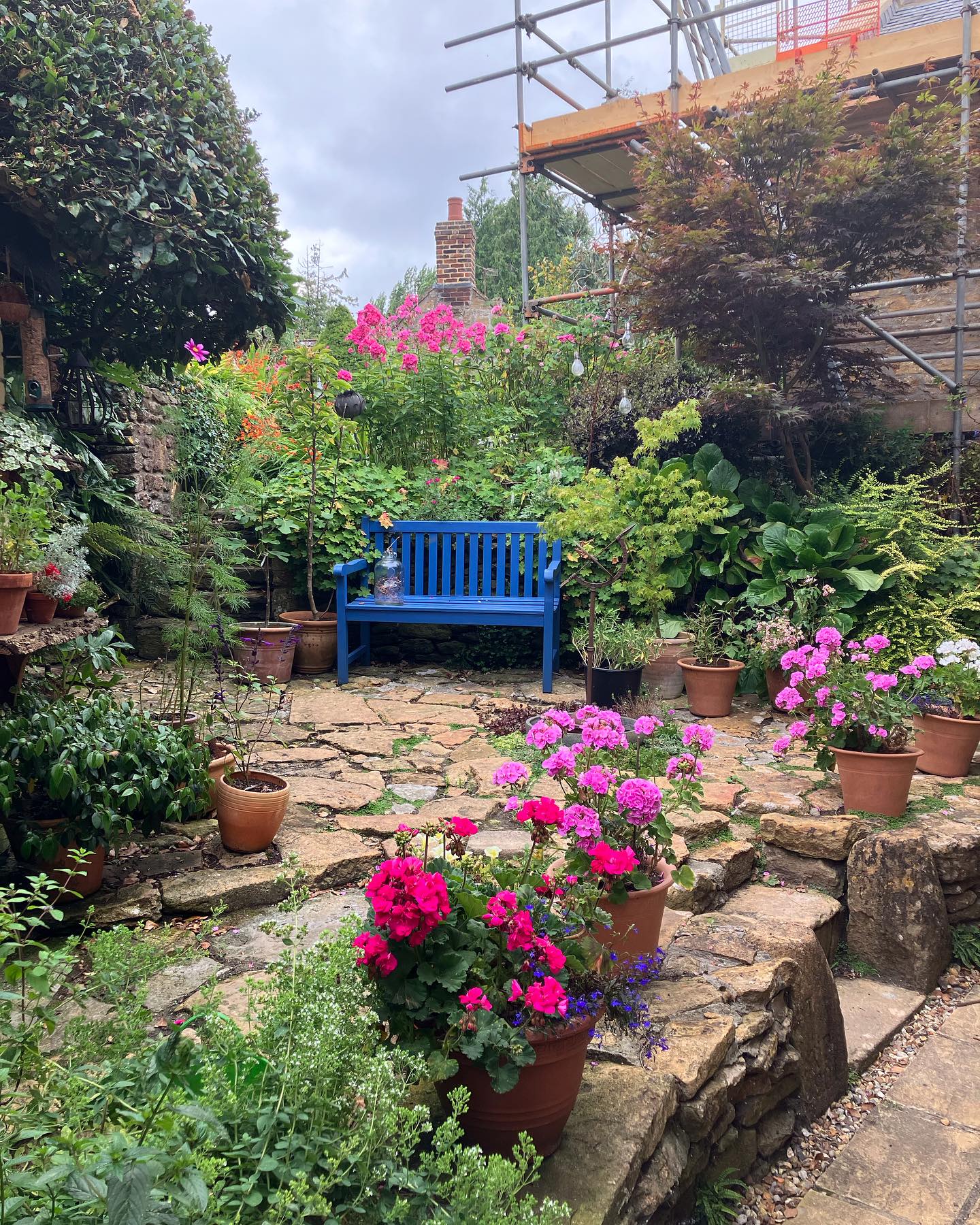 22. Vibrant Mosaic Stepping Stones Amidst Lush Ferns and Variegated Hostas