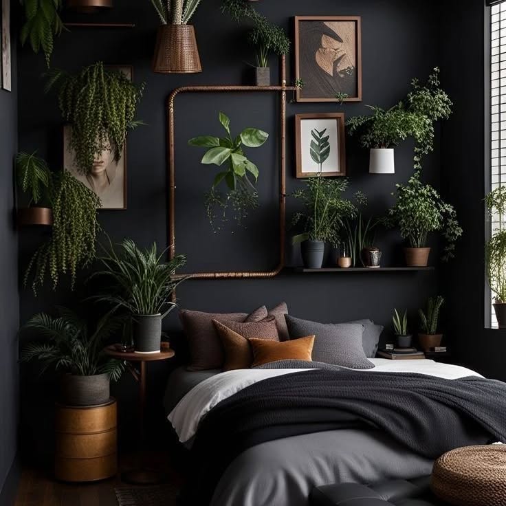 24. Midnight Indigo Accents with Geometric Wall Patterns In a Cozy Black Bedroom