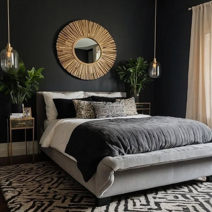 19. Midnight Velvet Canopy: a Black Bedroom with Draped Elegance and Geometric Wall Art