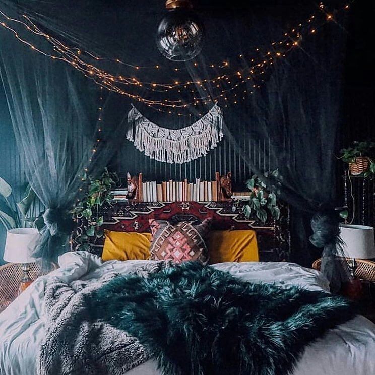 32. Moonlit Macrame and Moroccan Lanterns: a Dark Boho Sanctuary
