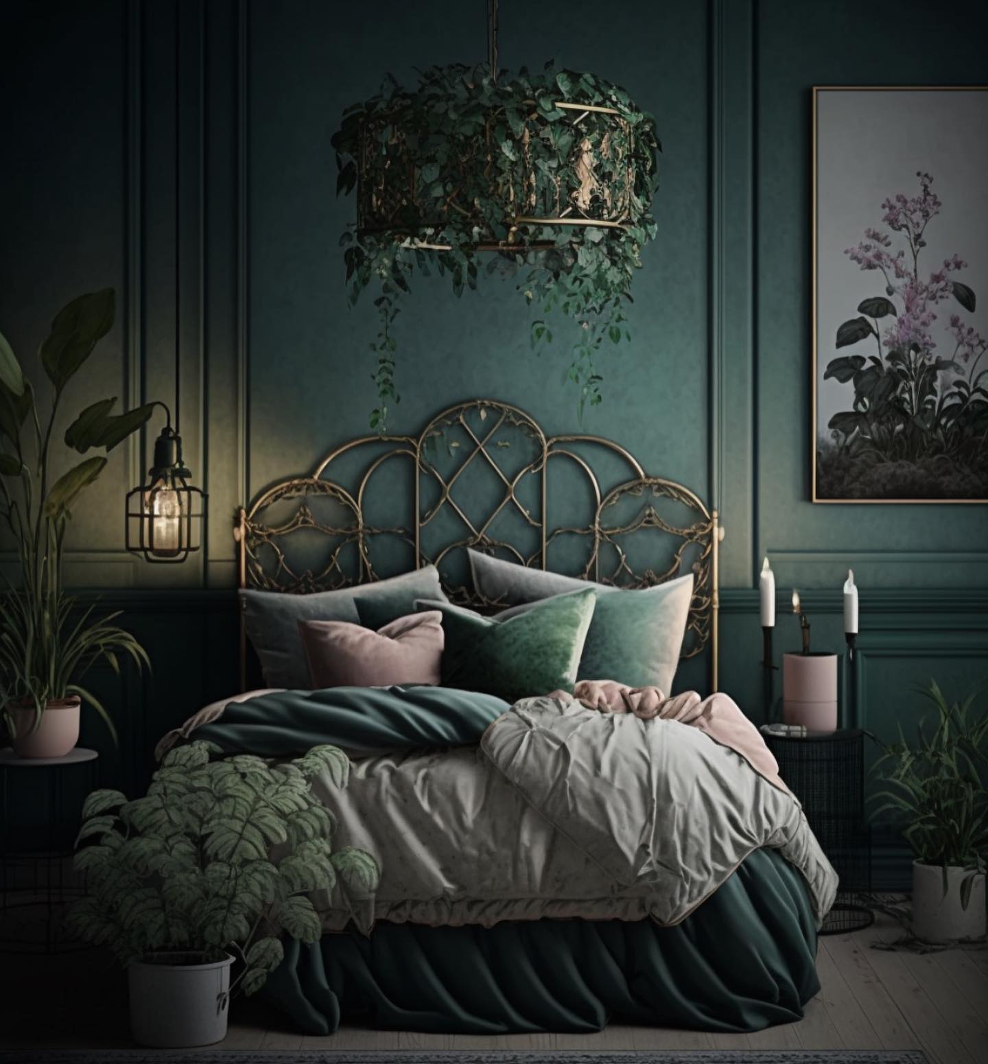 16. the Mossy Green Accent Wall with Floating Nightstands and Woven Pendant Light