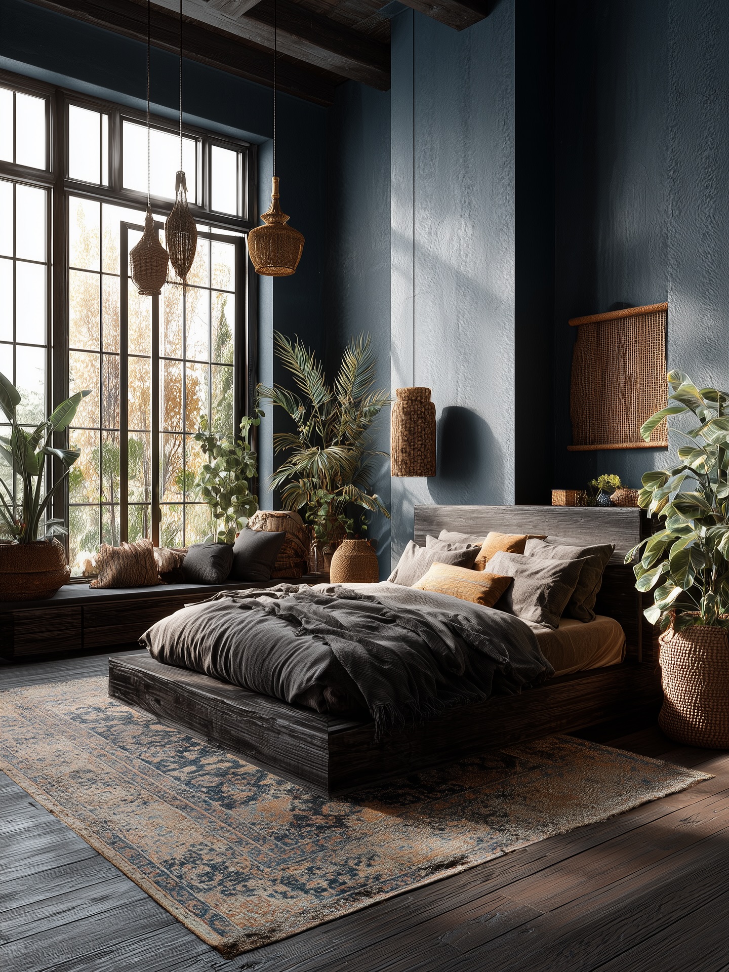 14. the Moonlit Sonata Of a Bedroom with a Floating Bed and Woven Wall Art