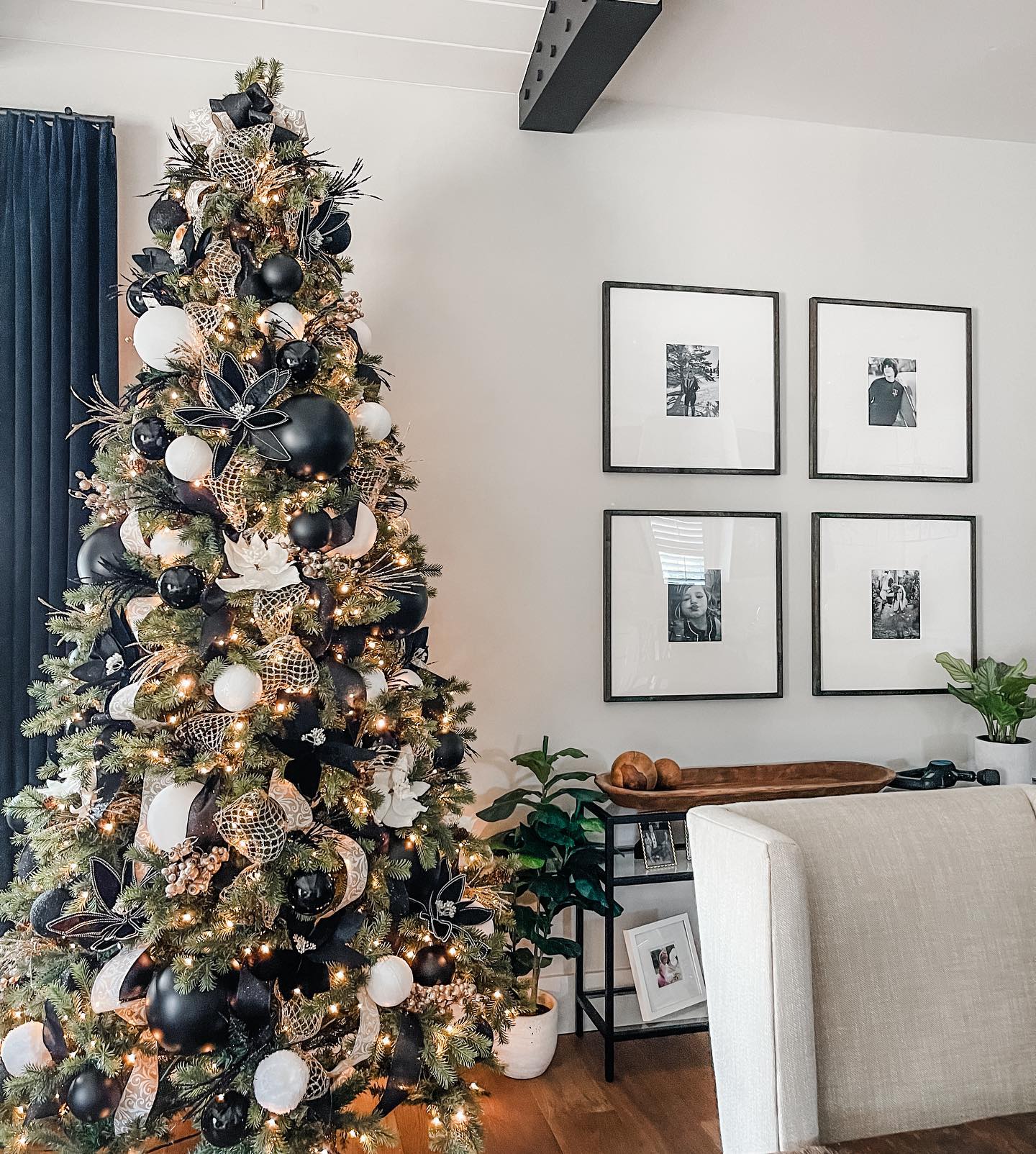 5. Snowflake-kissed Pinecones and Ribboned Ornaments In Monochrome Elegance
