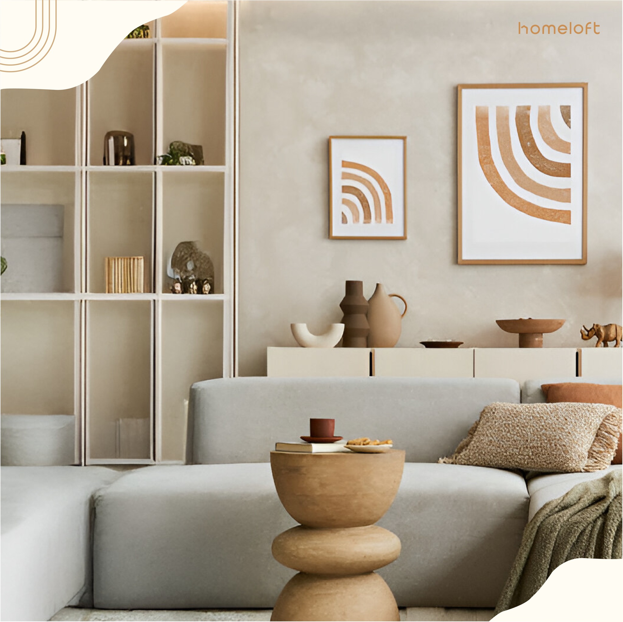 27. the Velvet Sofa with Geometric Copper Accents and Floating Shelves