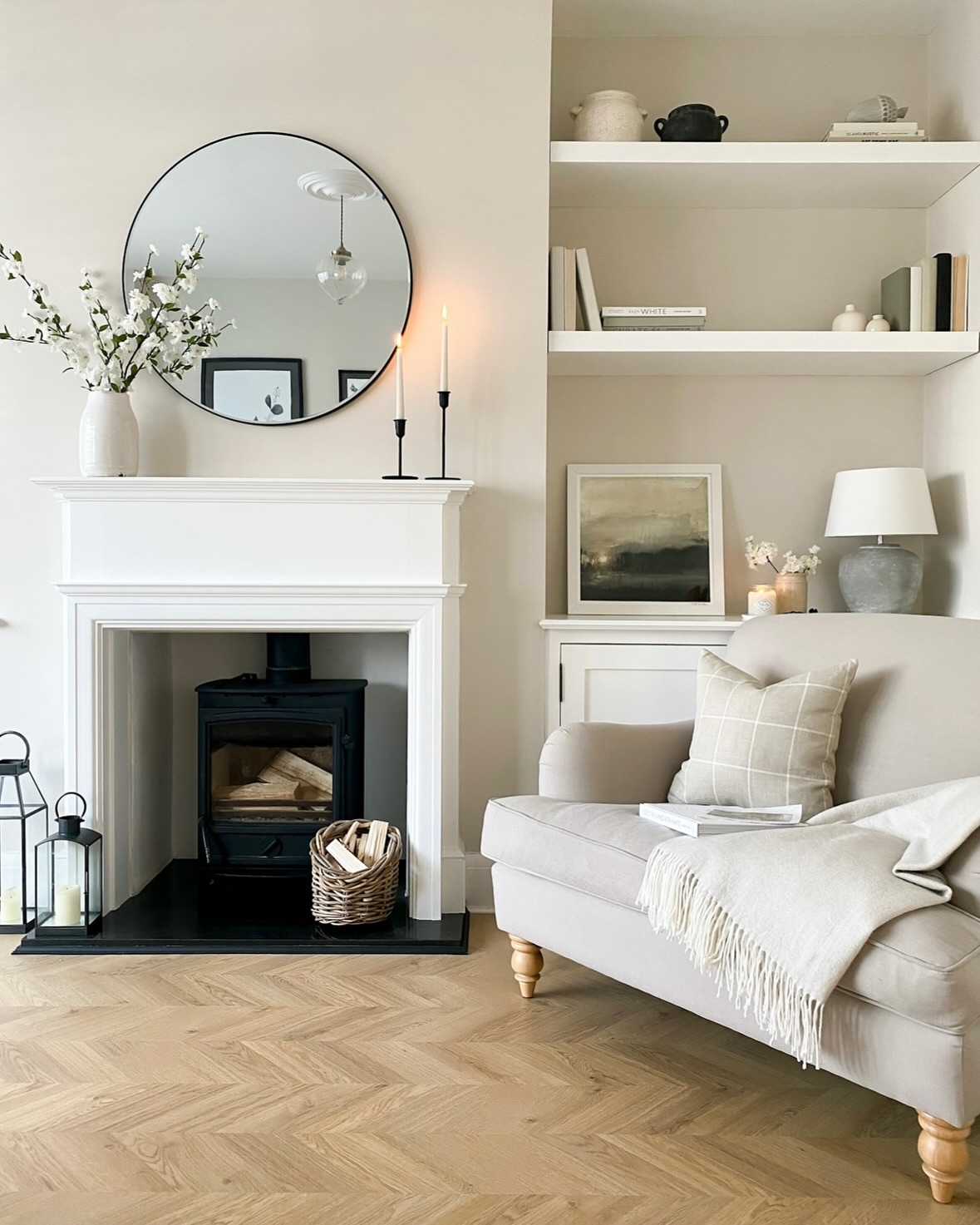 39. Soft Taupe Sofa with Geometric Scatter Cushions Meets Industrial Chic Side Table