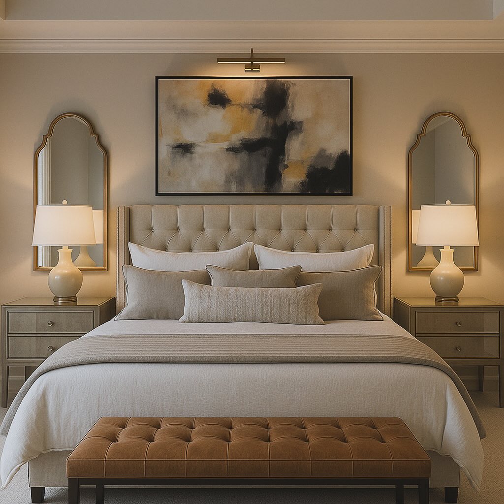 1. Softly Lit Serenity with Geometric Wall Art and Woven Basket Accents