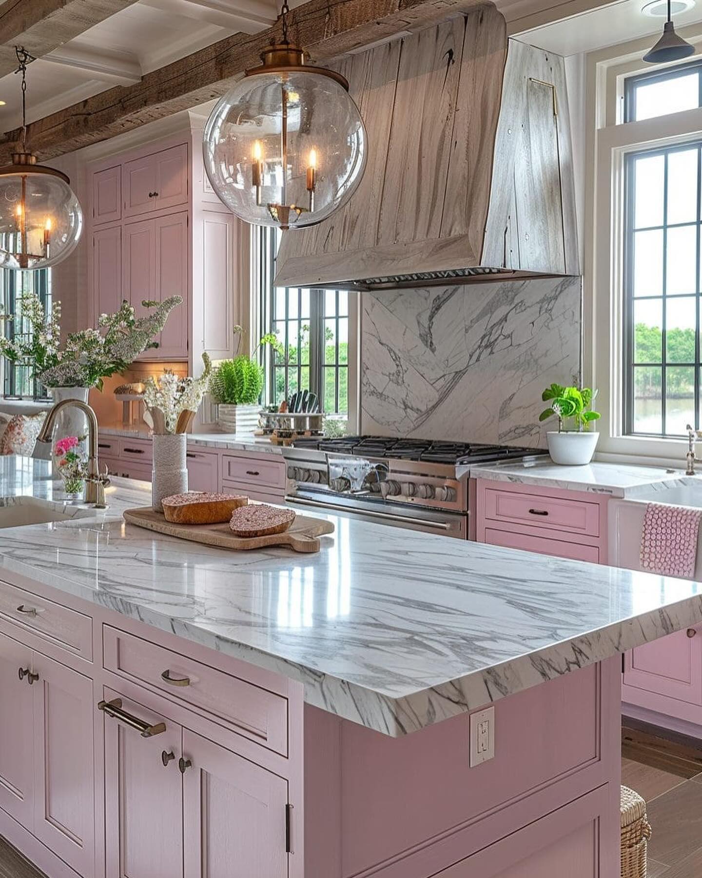 11. Vibrant Magenta Cabinets with Brass Accents and Geometric Backsplash