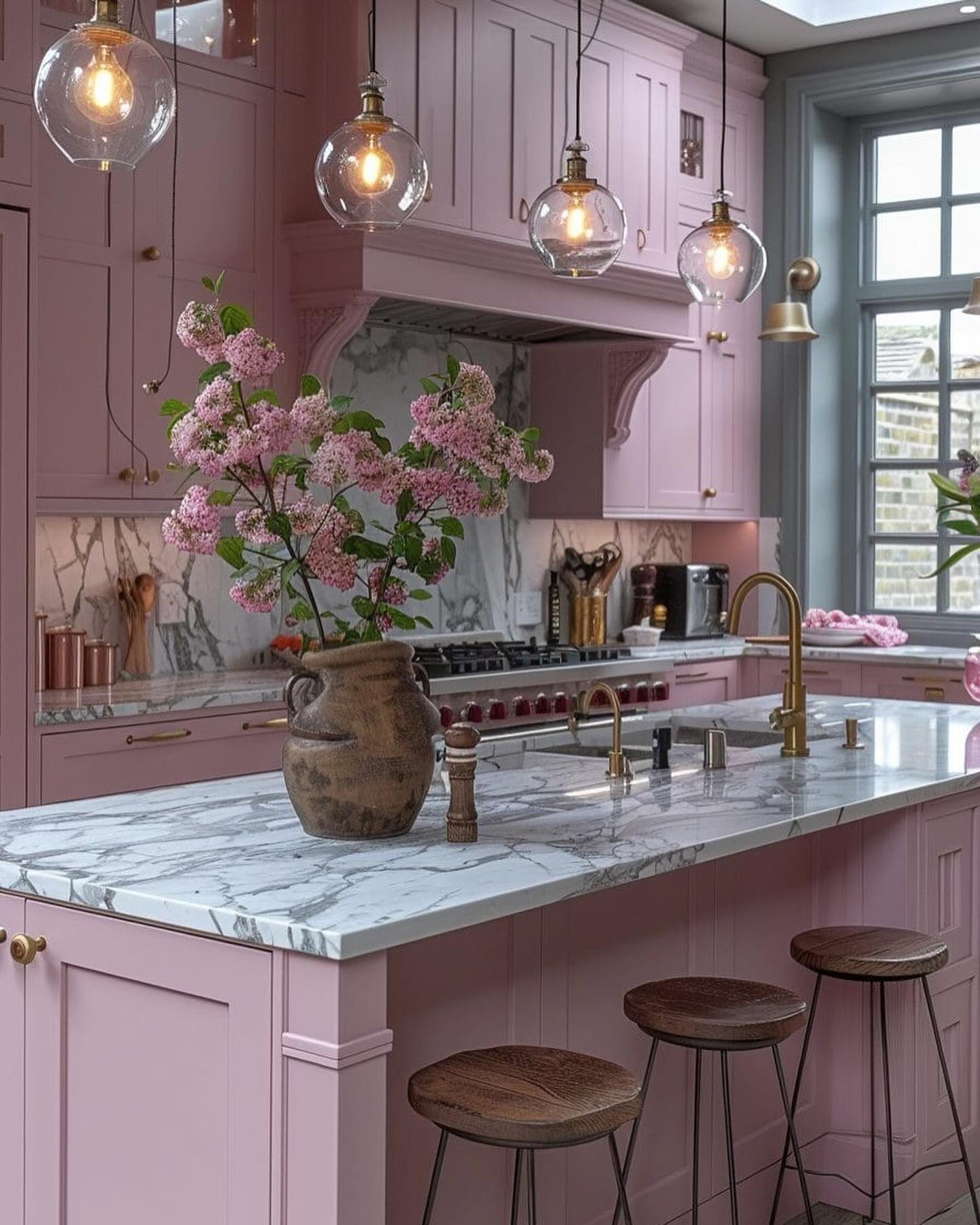 26. Pink Polka Dot Backsplash Meets Industrial Chic In a Cozy Corner Nook