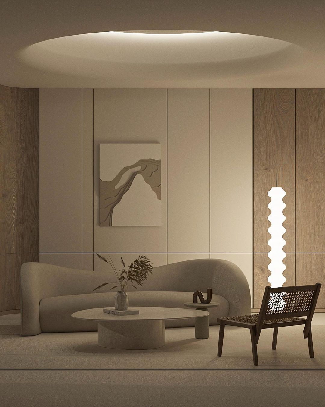 20. Minimalist Haven with a Suspended Orb Light and Geometric Shelving
