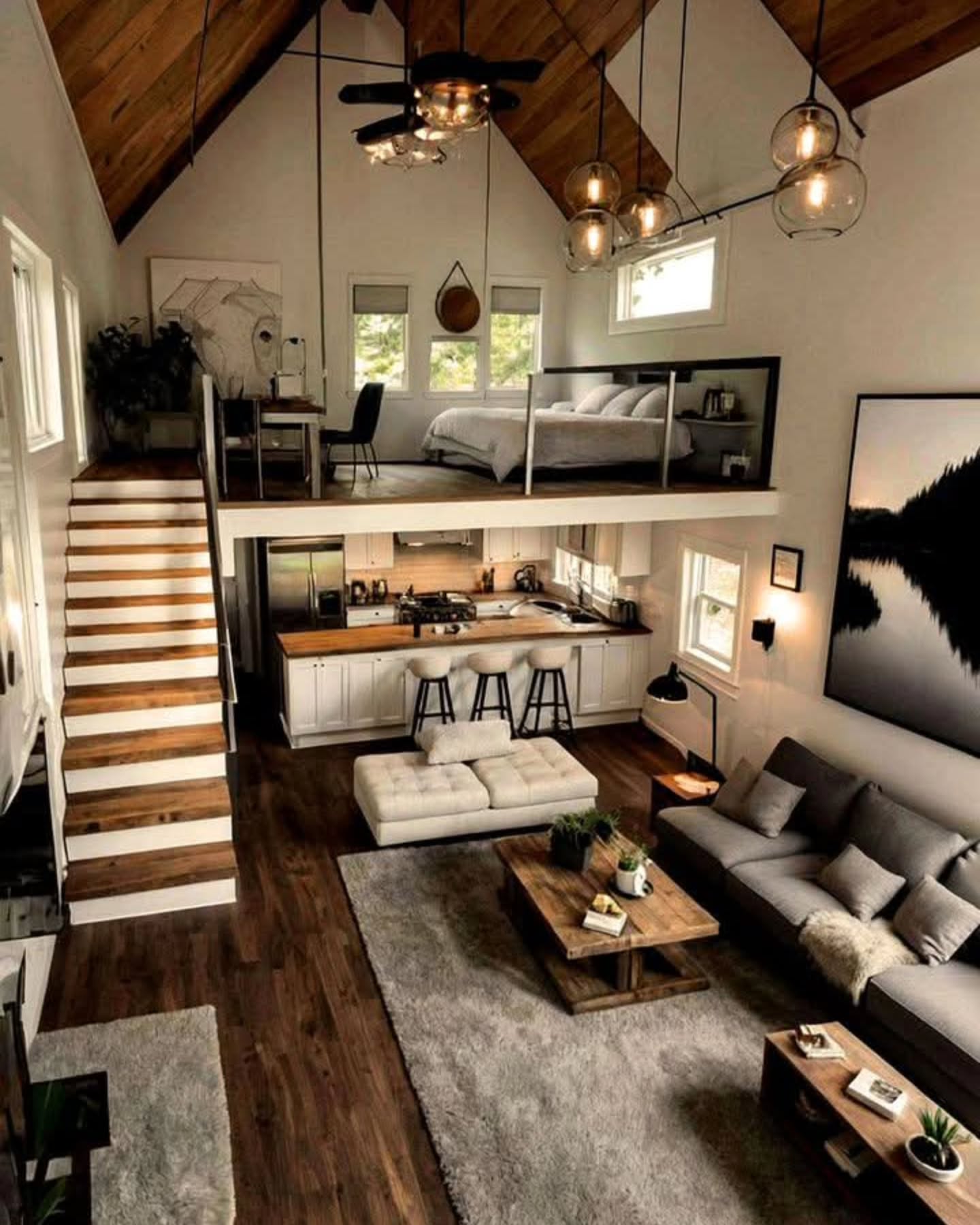 23. Compact Urban Oasis with Geometric Shelving and Industrial Pendant Light