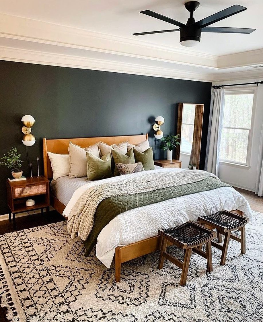 29. the Moonlit Moss Canopy Bed with Woven Wall Hangings