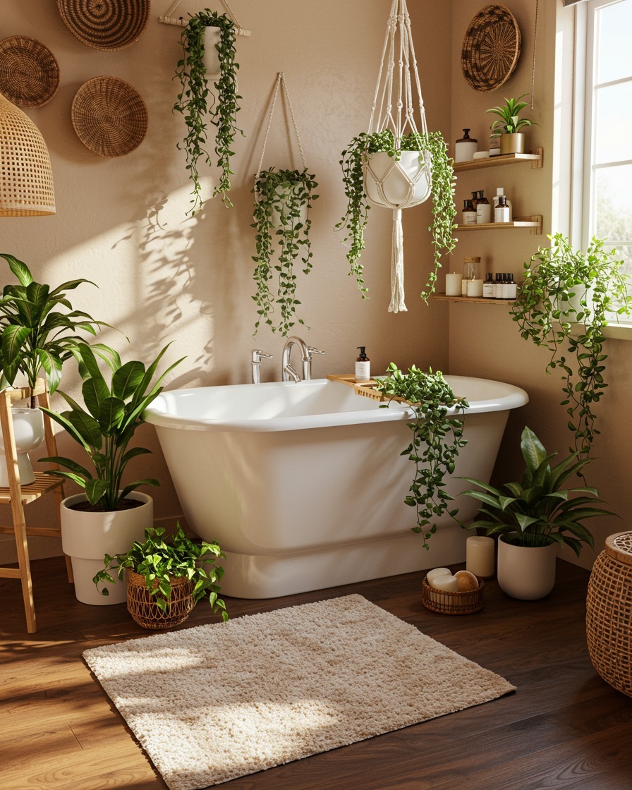20. Bohemian Driftwood Mirror and Macrame Magic: a Unique Bathroom Fusion