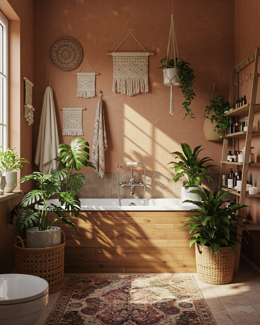 32. Cobalt Tiles and Macrame Magic: a Boho Bathroom Oasis
