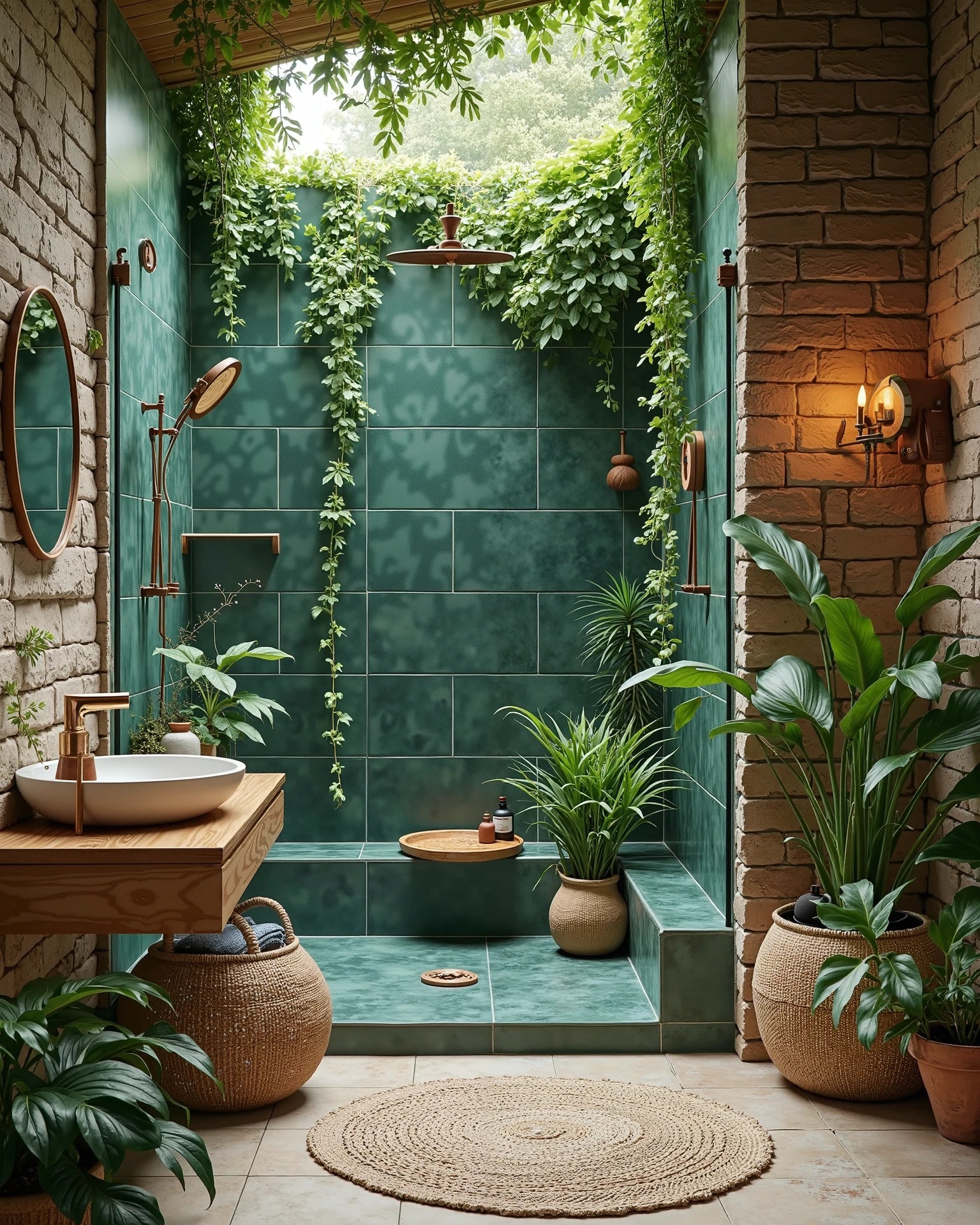 3. Moonlit Moss and Copper Accents: a Boho Bathroom Oasis