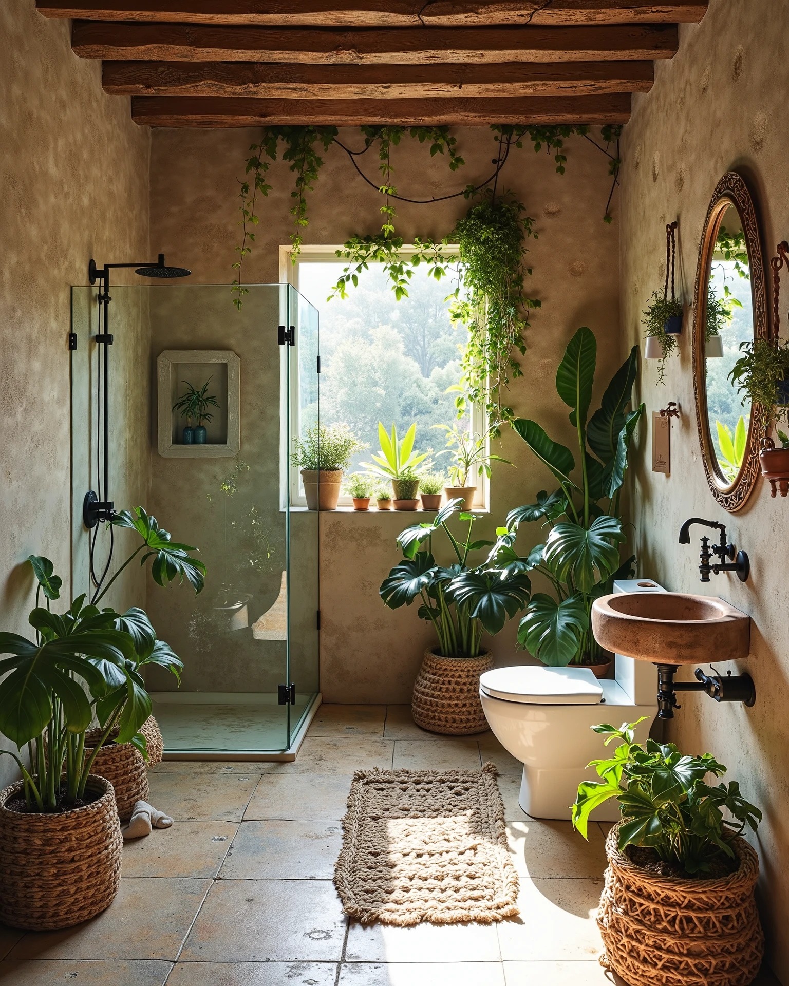 2. Sunlit Macrame and Potted Plant Oasis In a Rustic White Sink Nook