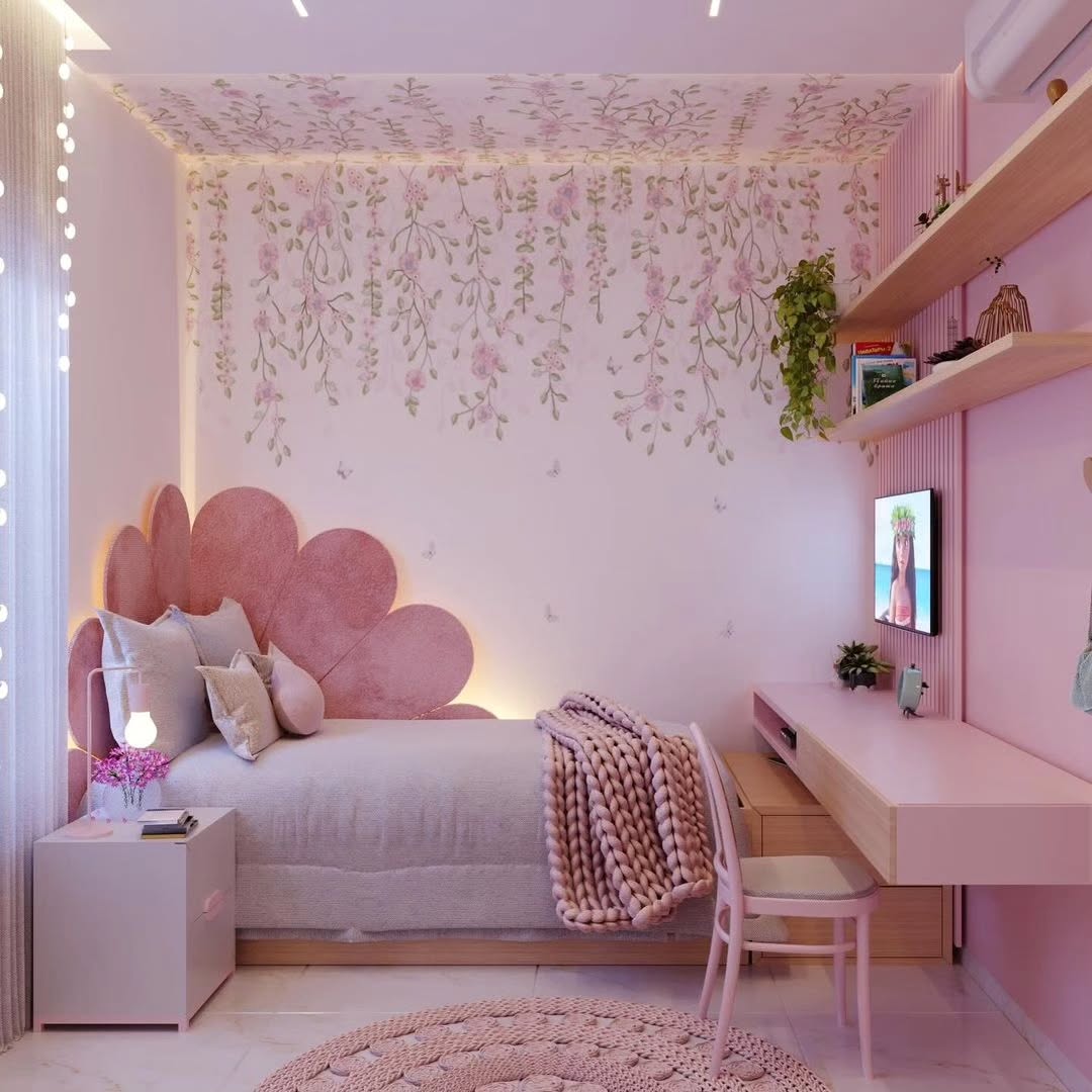 21. a Ballet Slipper Pink Canopy Bed with Vintage Lace and Gilded Mirrors
