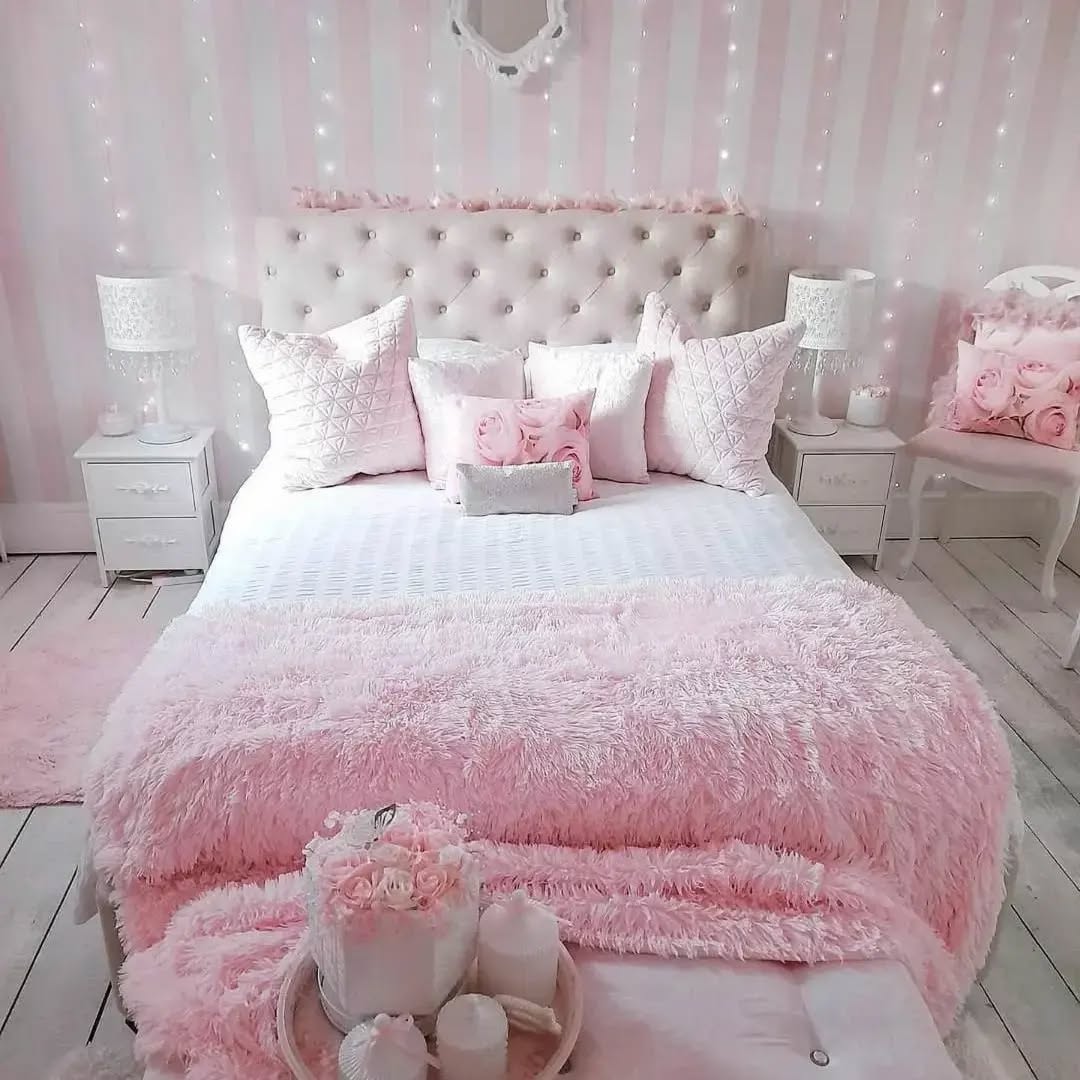 1. Soft Lavender Dream with Vintage Charm: a Bedroom with a Canopy Bed and Floral Wall Art