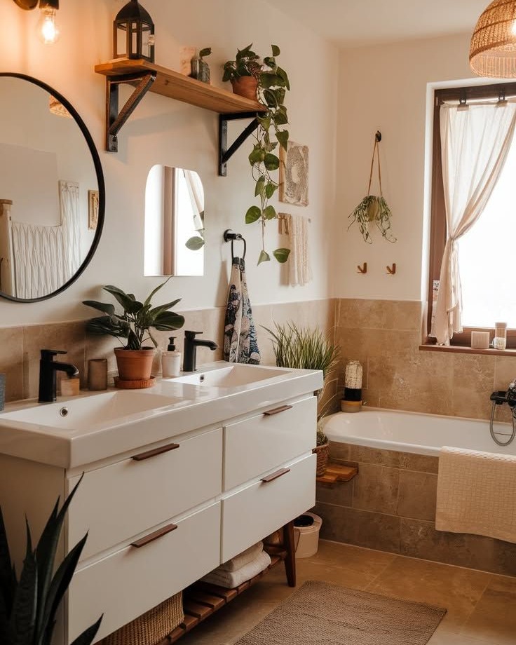 33. Sunlit Terracotta Tiles and Hanging Herbs In a Boho Bathroom Nook