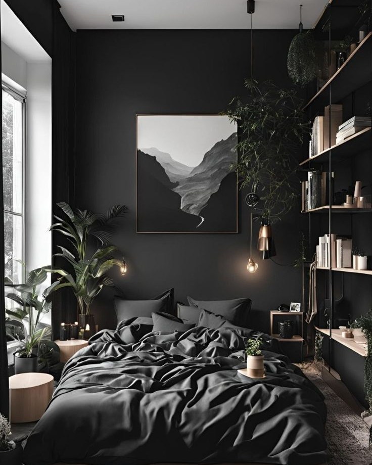 22. Moonlit Midnight Escape: Black Bedroom with Crescent-shaped Headboard and Starry Night Sky Mural