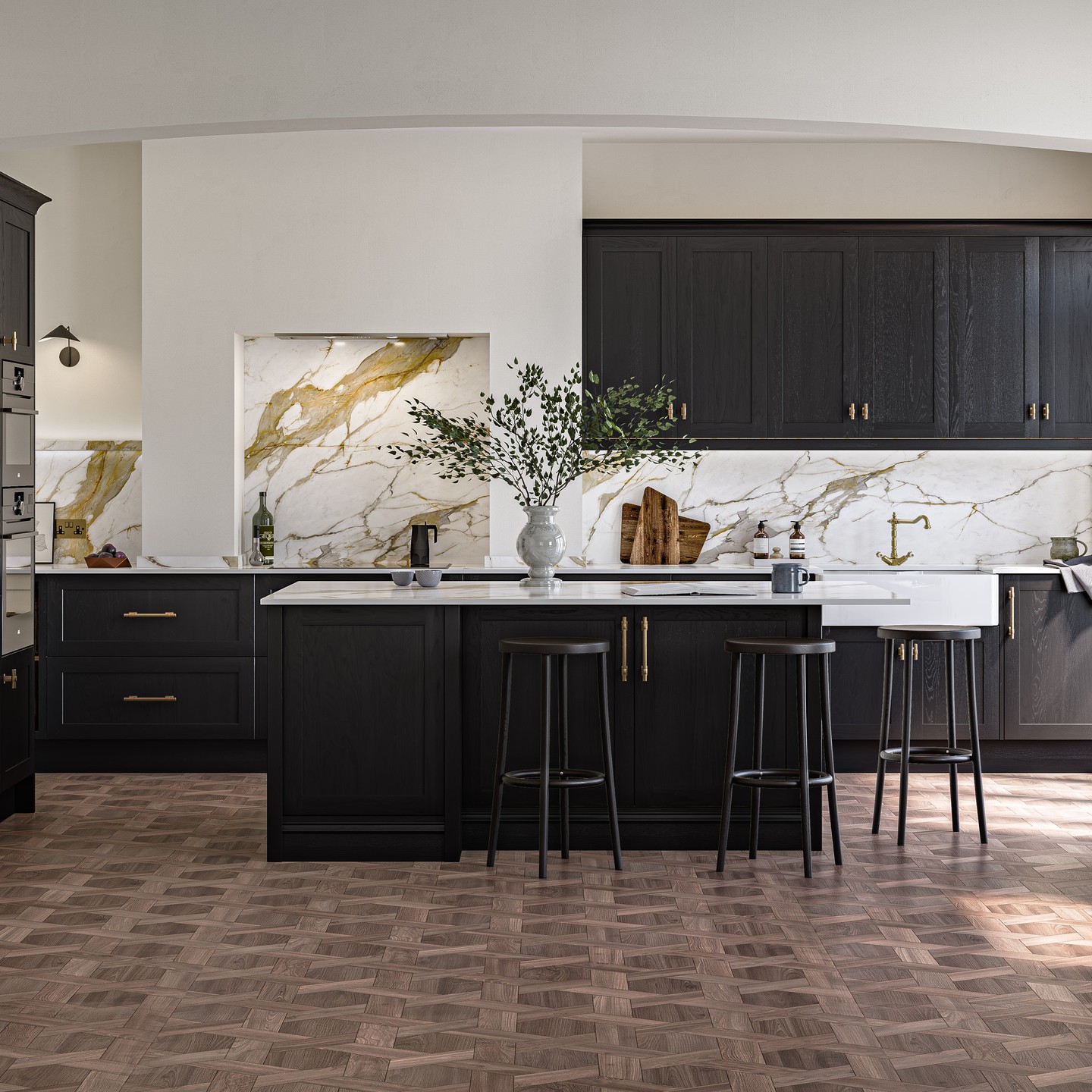 25. Sleek Black Cabinets with Geometric Glass Inserts Reflecting a Modern Kitchen's Soul