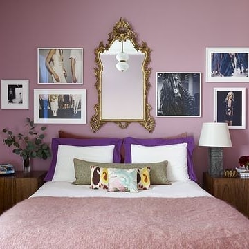 44. Peony Pink Walls with Floating Shelves and Heart-shaped Mirror Ensemble
