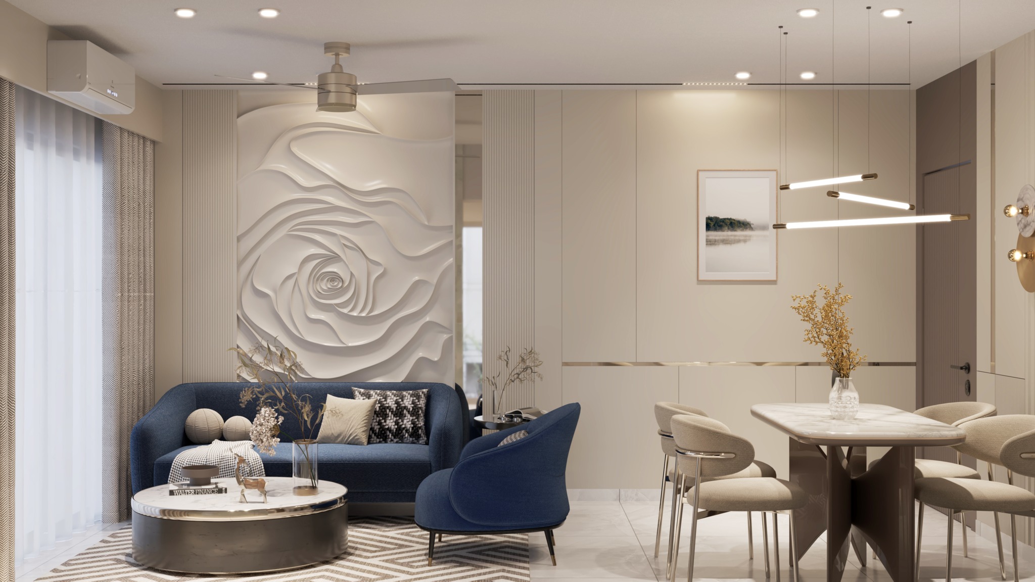 29. Velvet Waves and Geometric Glass: a Living Room Symphony