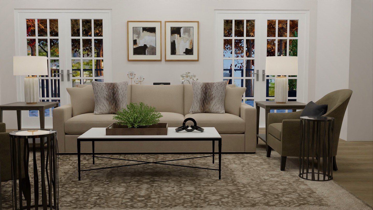 14. a Woven Basket Coffee Table Amidst a Symphony Of Soft Blues and Geometric Patterns