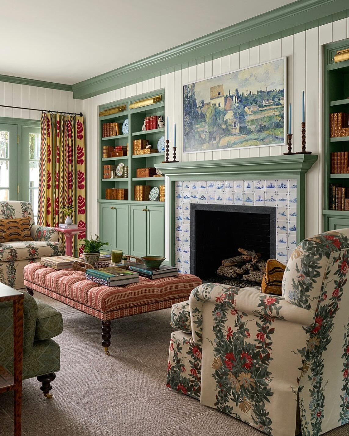 34. a Knitted Throw Over a Velvet Armchair with a Geometric Rug Underneath