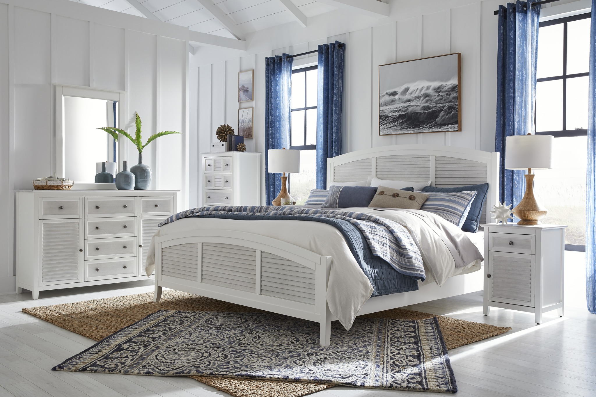 11. Coastal Serenity: Woven Rattan Headboard and Driftwood Nightstand Ensemble