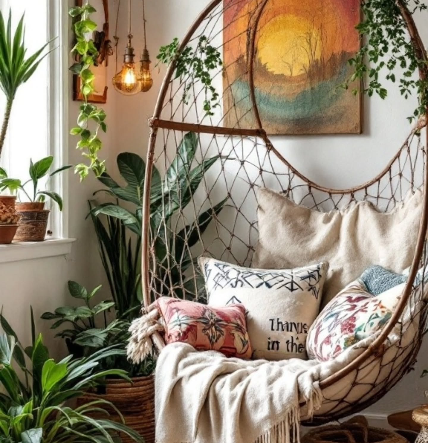 17. Bohemian Driftwood Mirror with Macrame Accents Reflecting Whimsical Light