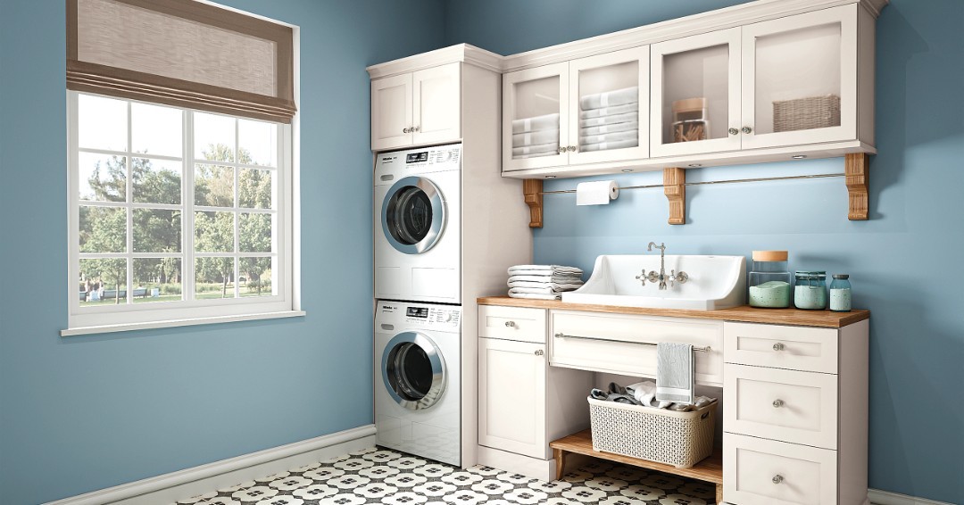 22. a Woven Basket Drawer and Checkerboard Floor Laundry Room Cabinet