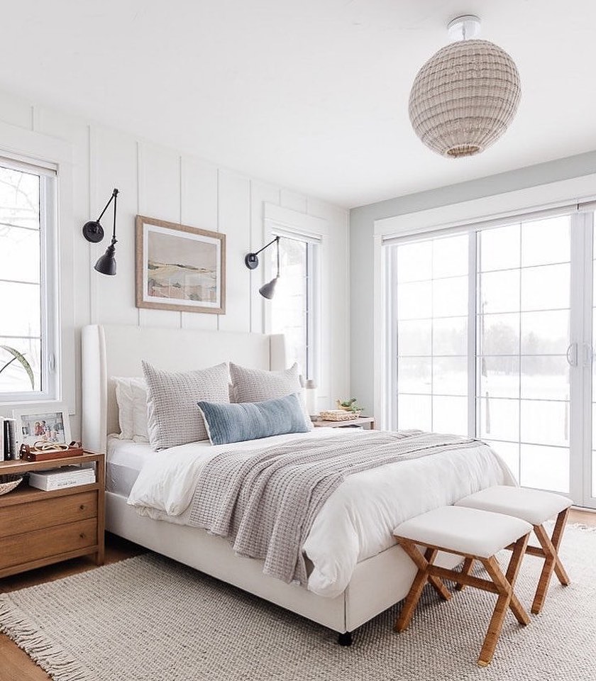 2. Sunlit Serenity with Woven Wall Art and Driftwood Nightstand
