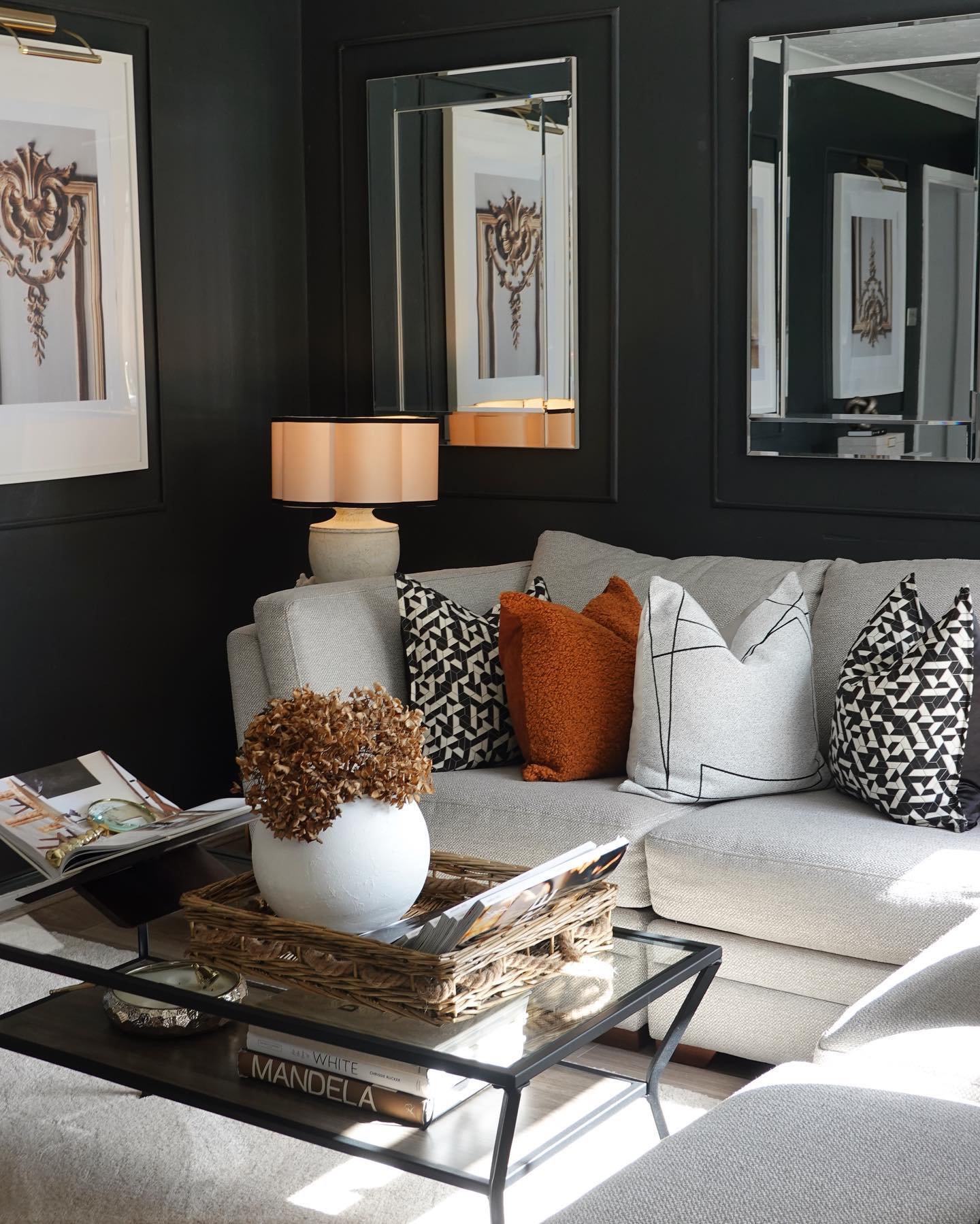 15. the Crimson Velvet Sofa with Gold Geometric Wall Art