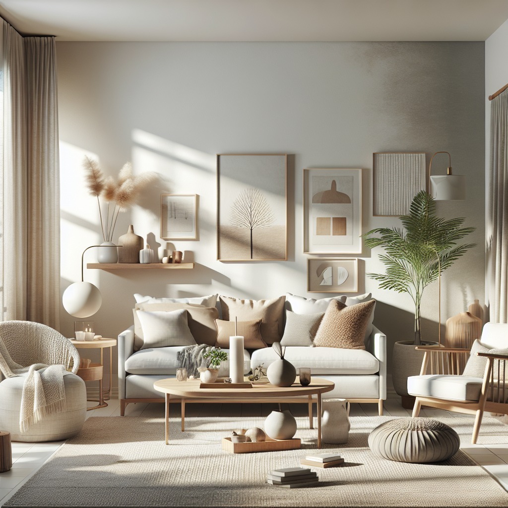 37. Cozy Nook with a Sunlit Bookcase and Burnt Orange Throw Amidst Soft Pastels