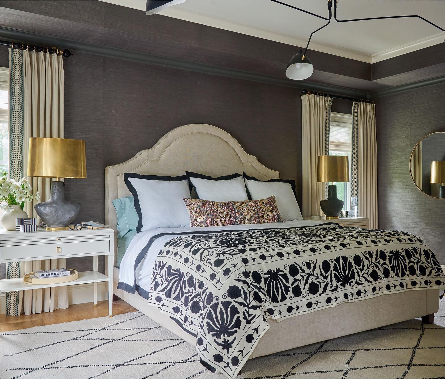 16. Moonlit Serenity: Silver Accents and Geometric Headboard In a Grey Haven