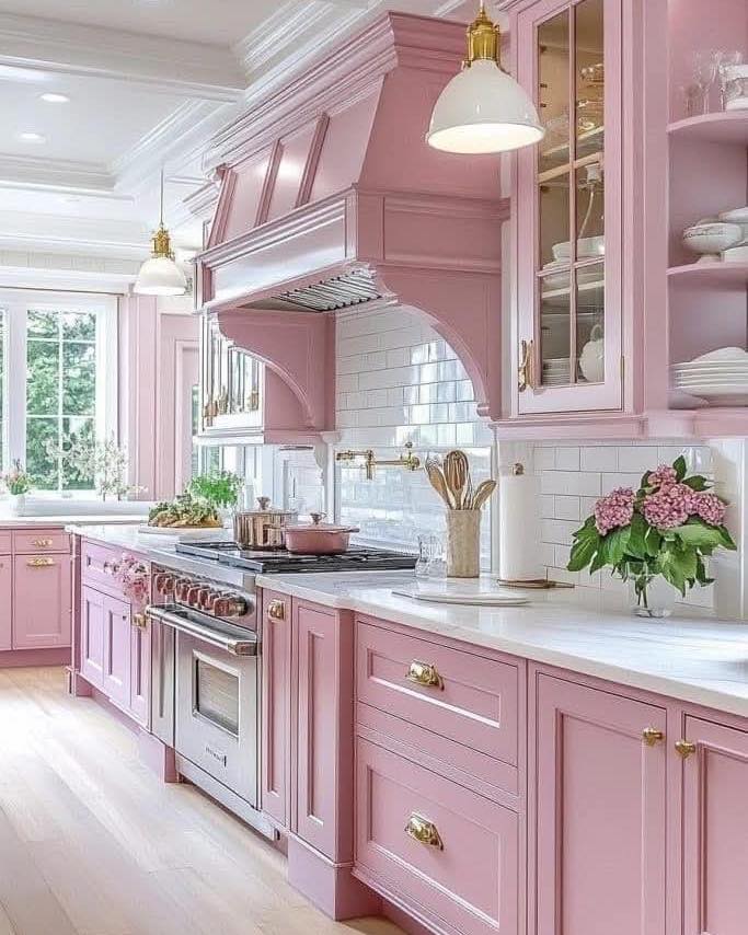 28. Bubblegum Blush Backsplash with Vintage Charm