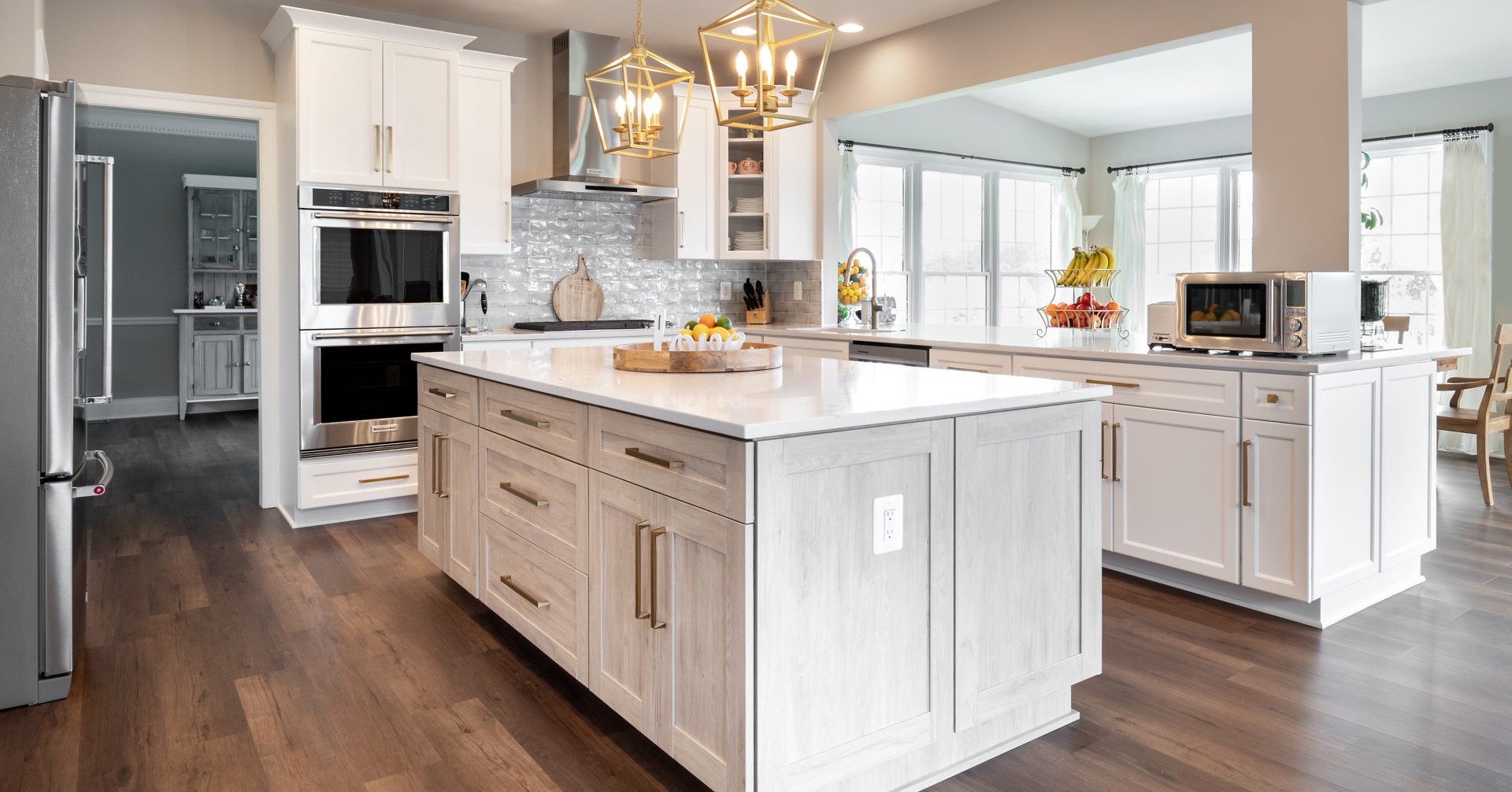 31. Glossy White Cabinets with Brass Hardware and Checkerboard Floor Fusion