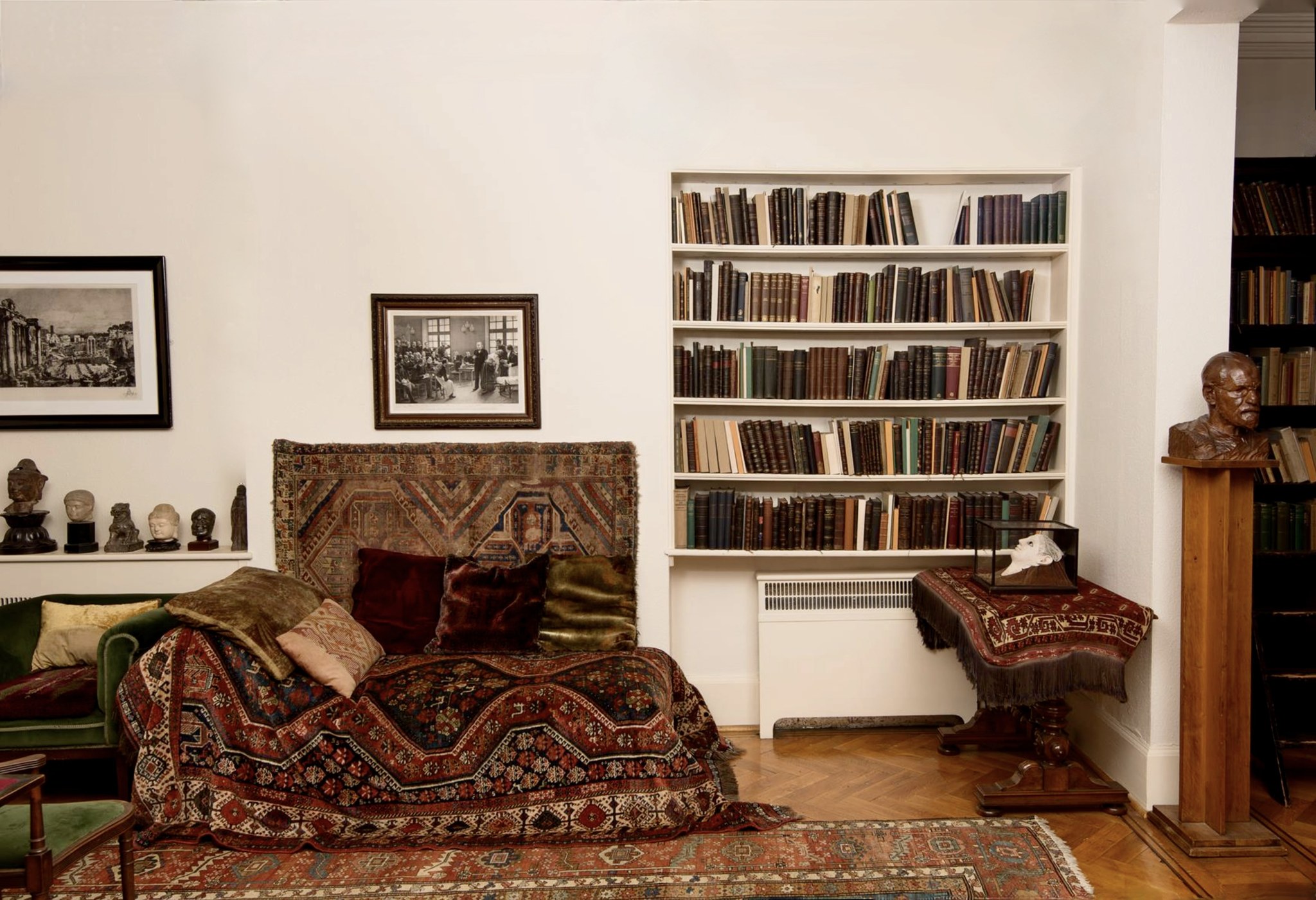 29. a Trio Of Teal Vases with Faux Greenery on a Honey Oak Mantelpiece