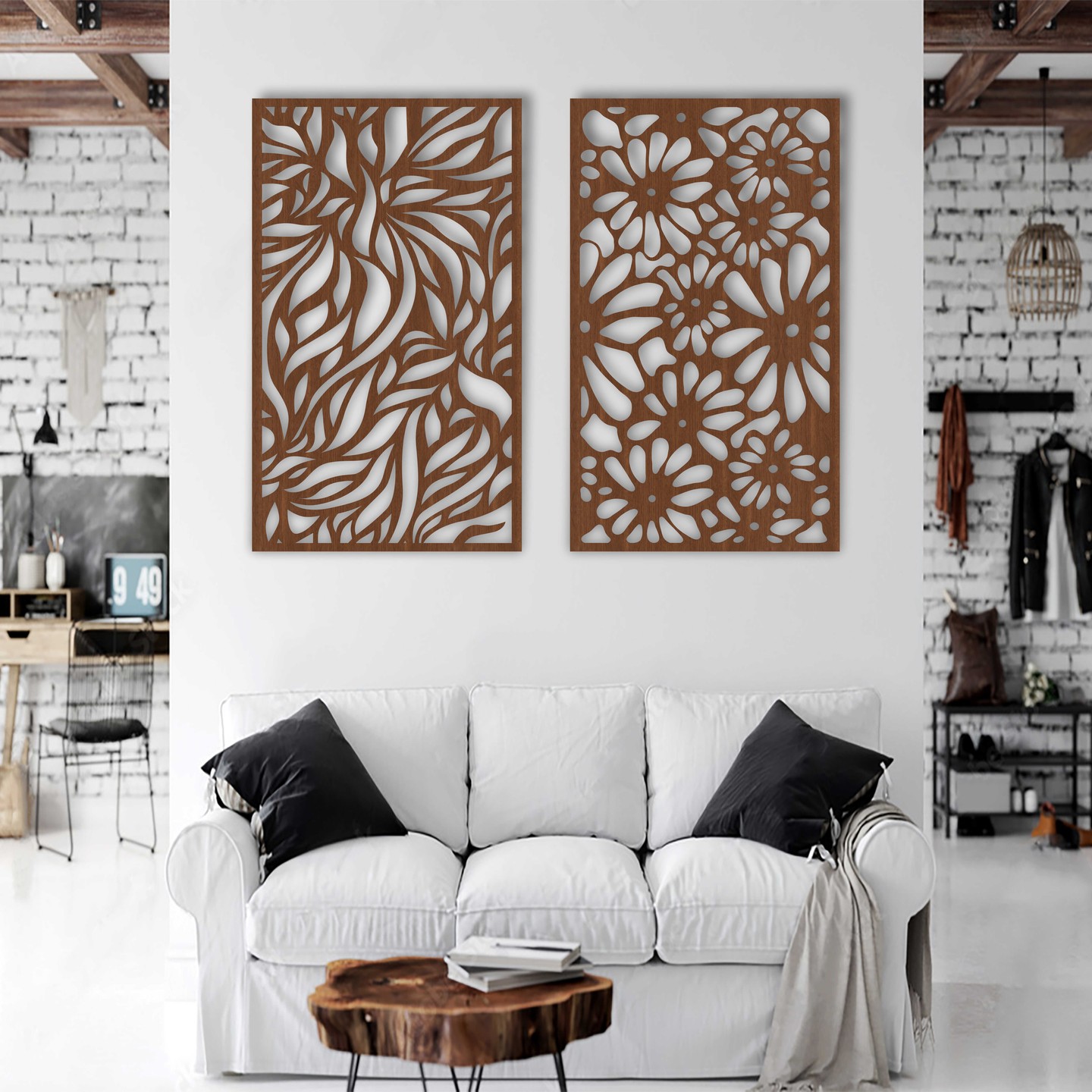 25. Vibrant Geometric Tapestry and Minimalist Vases on a Pale Blue Wall