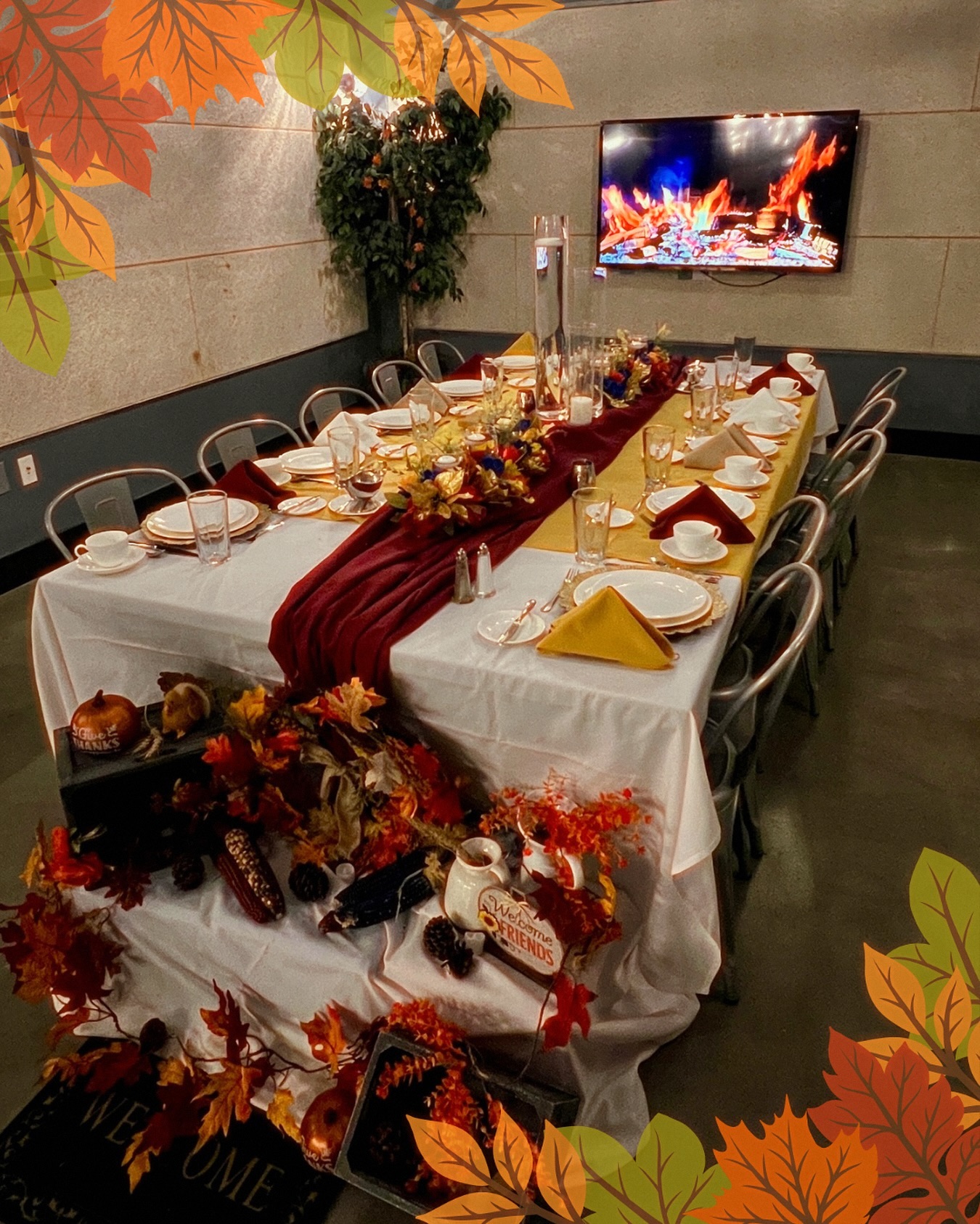 23. Harvest Moonlit Table with Crimson Leaves and Golden Cutlery
