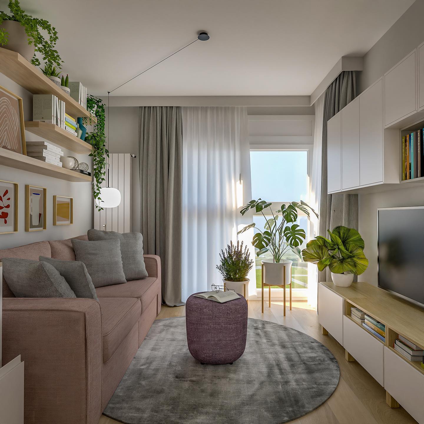 1. a Crimson Velvet Sofa Embraced by Geometric Wall Art In a Sunlit Nook
