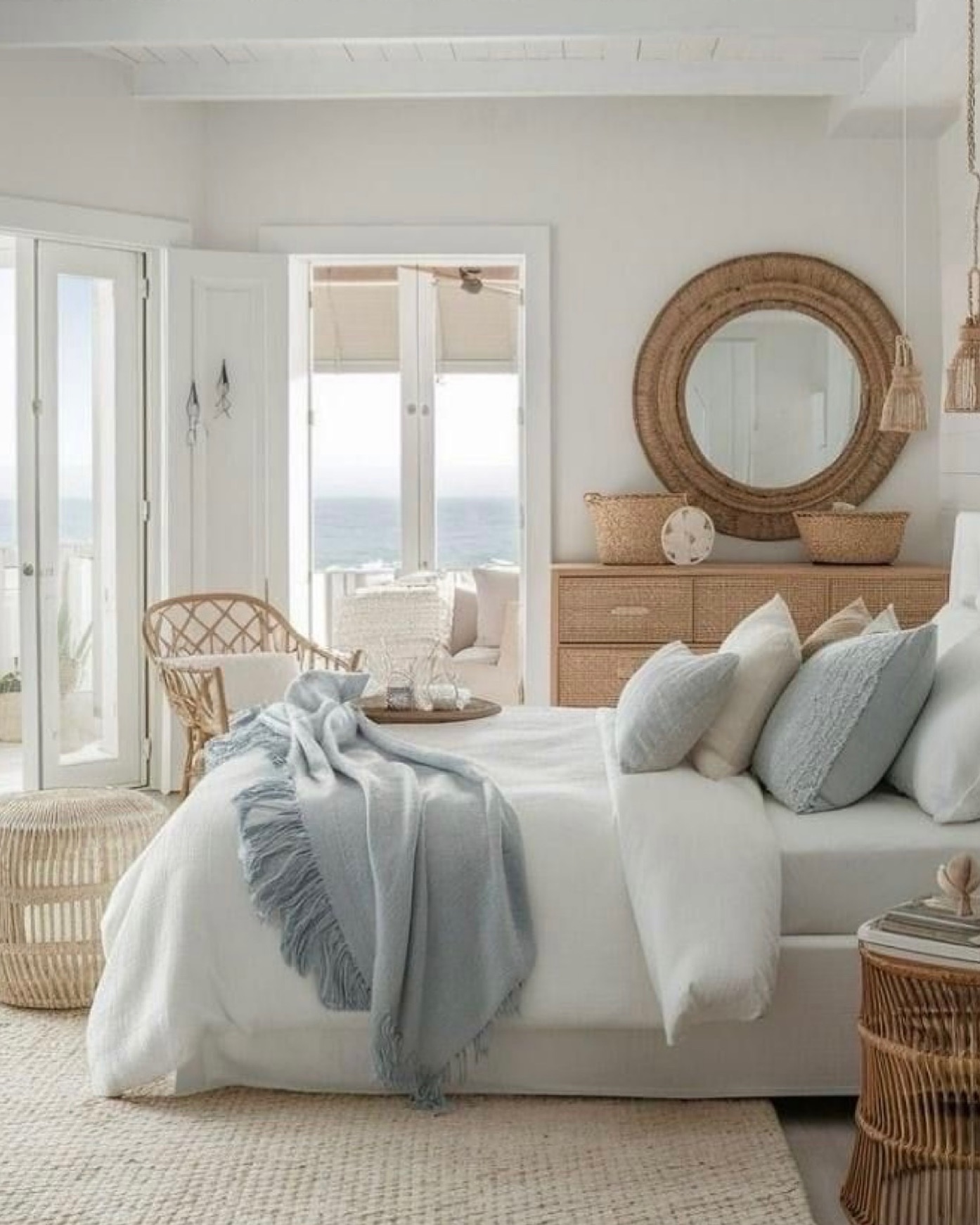 32. Coastal Retreat with a Woven Palm Ceiling and Rattan Bed Frame