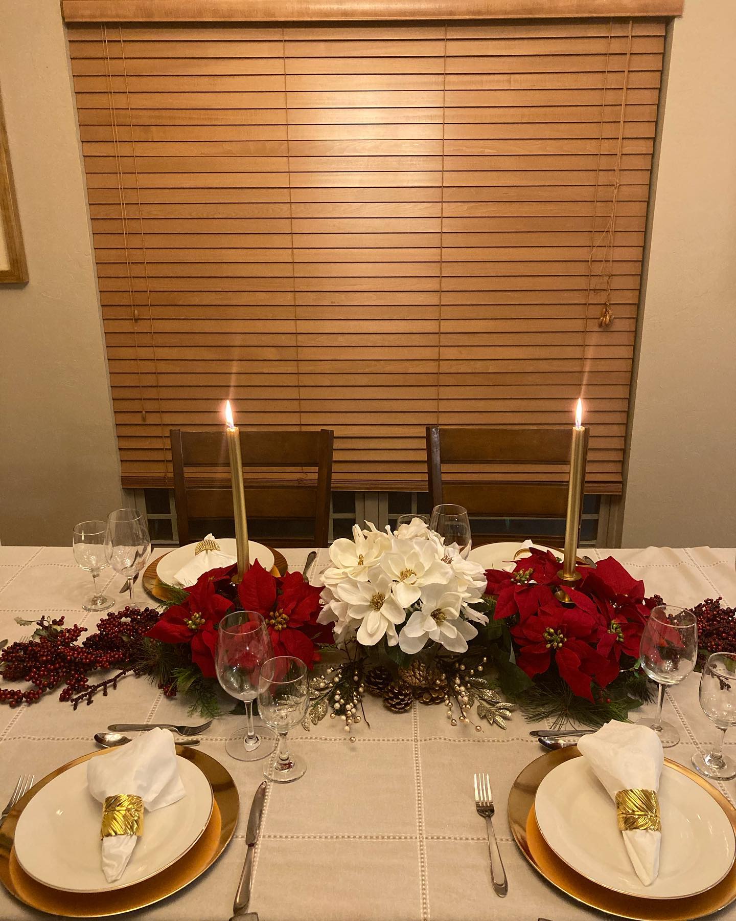 16. Crimson Ribbons and Pine Cones: a Festive Table Setting