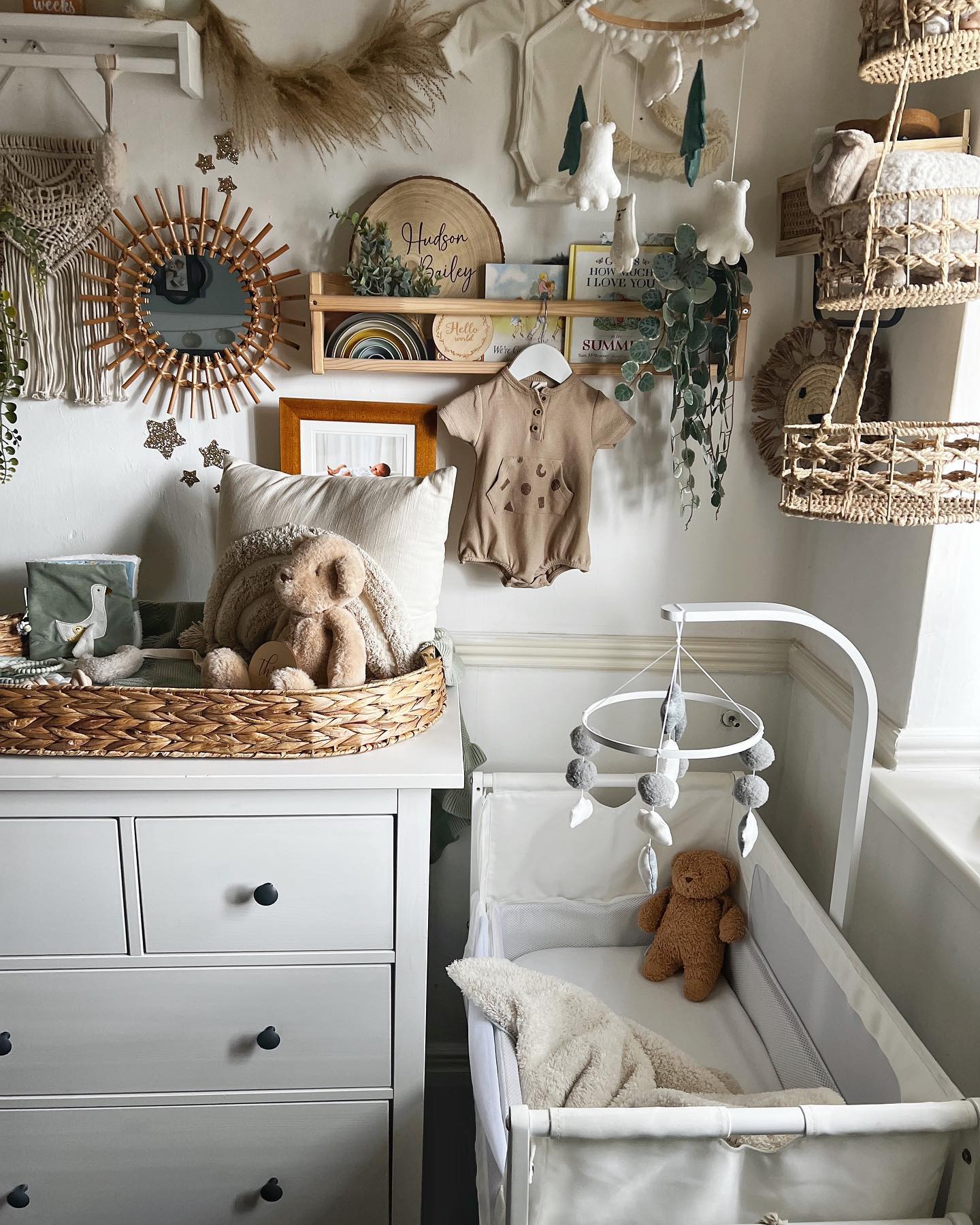 22. Sage Green Canopy Crib with Whimsical Starry Night Mobile