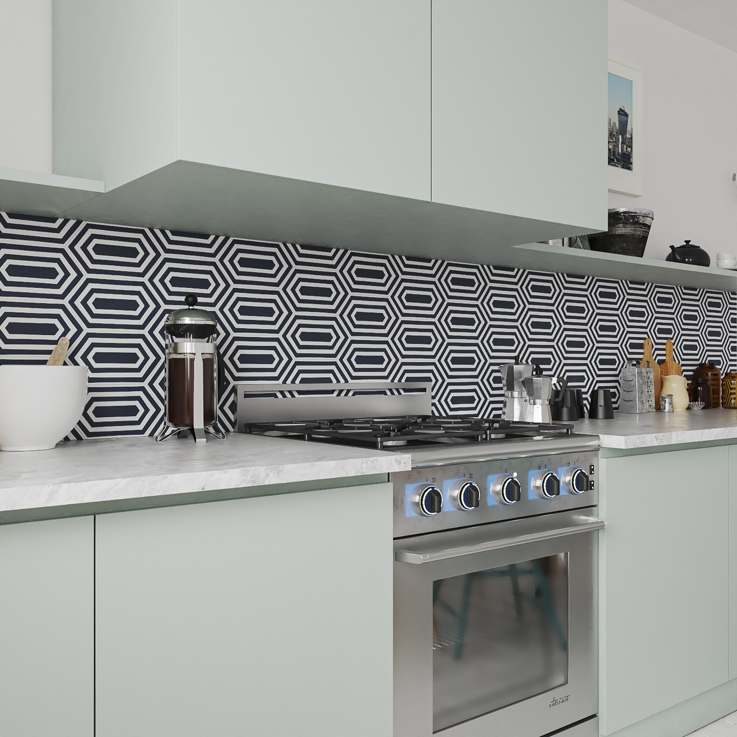 15. a Symphony Of Sapphire and Silver: Hexagonal Tiles with Metallic Accents