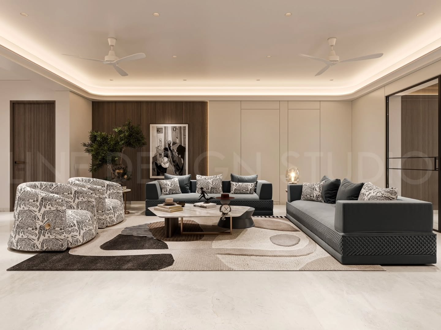 6. Velvet Plum Sofa with Geometric Wall Art In Sunlit Living Room