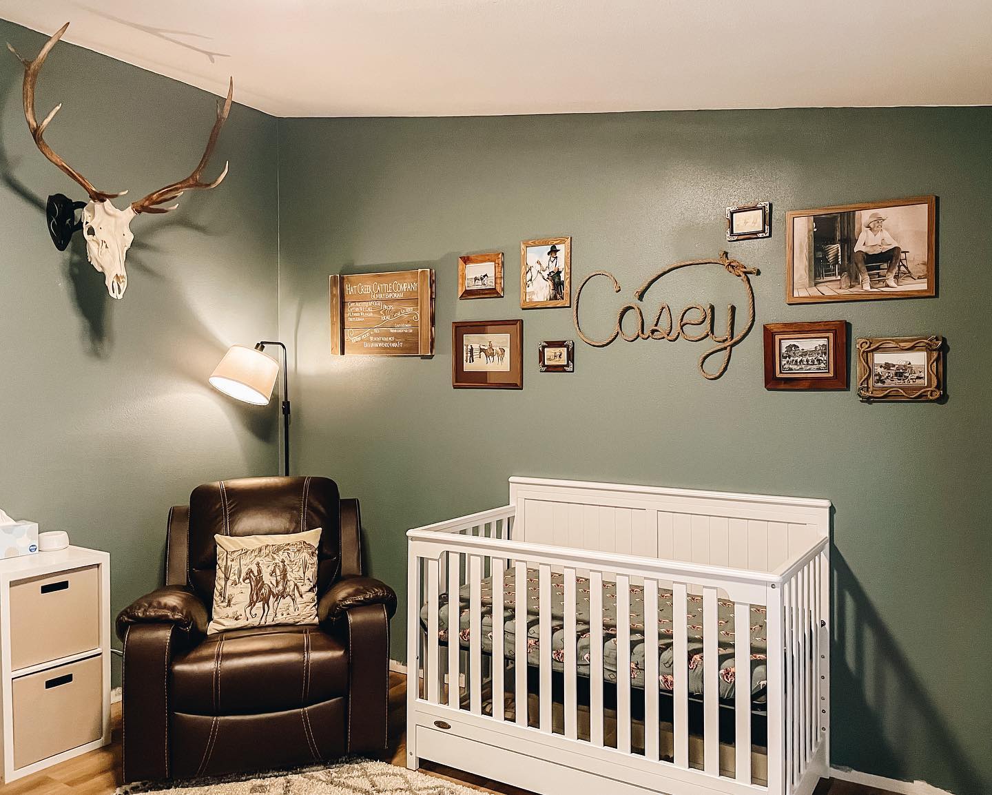 46. Sage Green Crib with Whimsical Cloud Mobile In Cozy Corner Nook