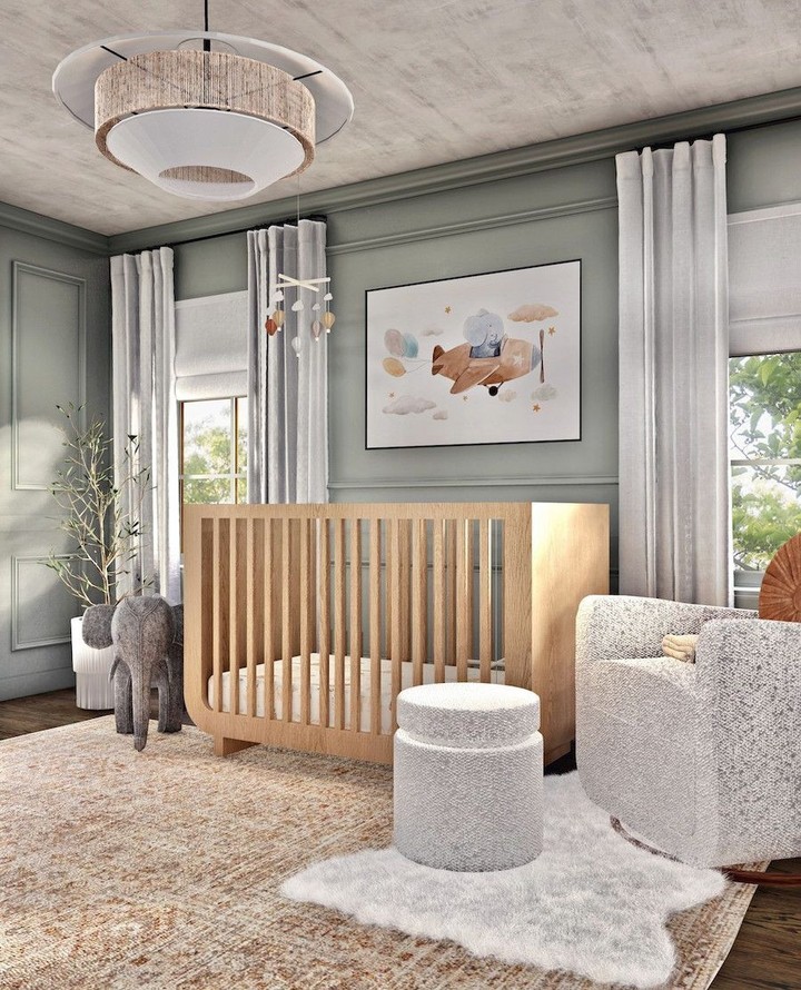 23. Sage Green Crib with Woven Basket Accent and Potted Plant Companion
