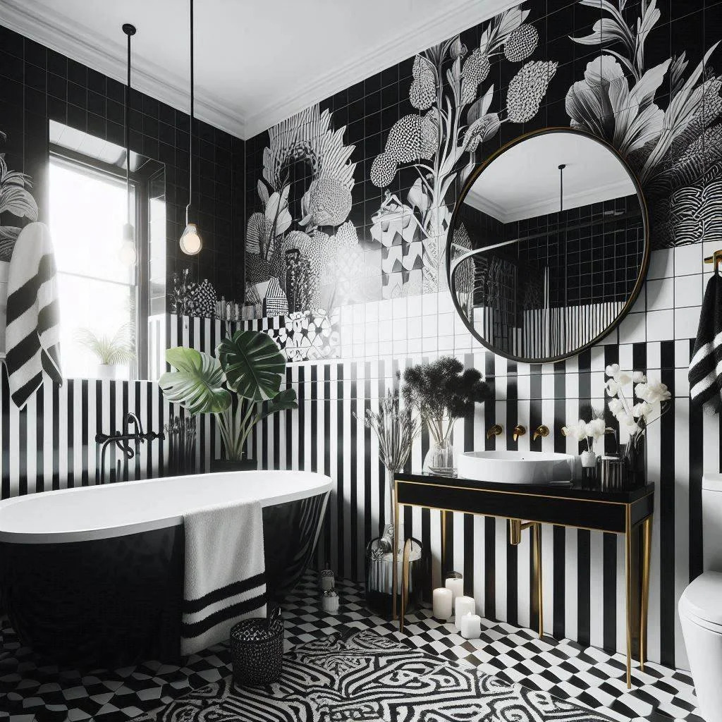 10. Black and White Mosaic Tiles Forming a Waterfall Pattern In a Compact Bathroom