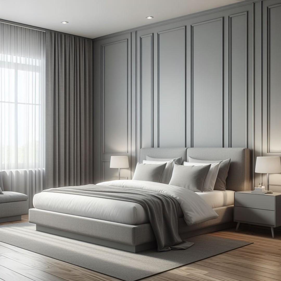 8. Moonlit Waves Of Silver: a Bedroom with a Curved Headboard and Geometric Wall Art